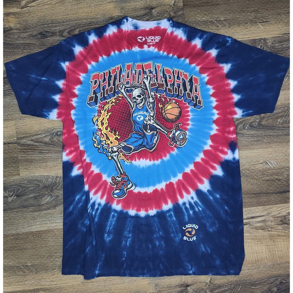 Philadelphia 76ers Tie-Dye T-Shirt XXL Liquid Blue Skeleton Dunk Unworn